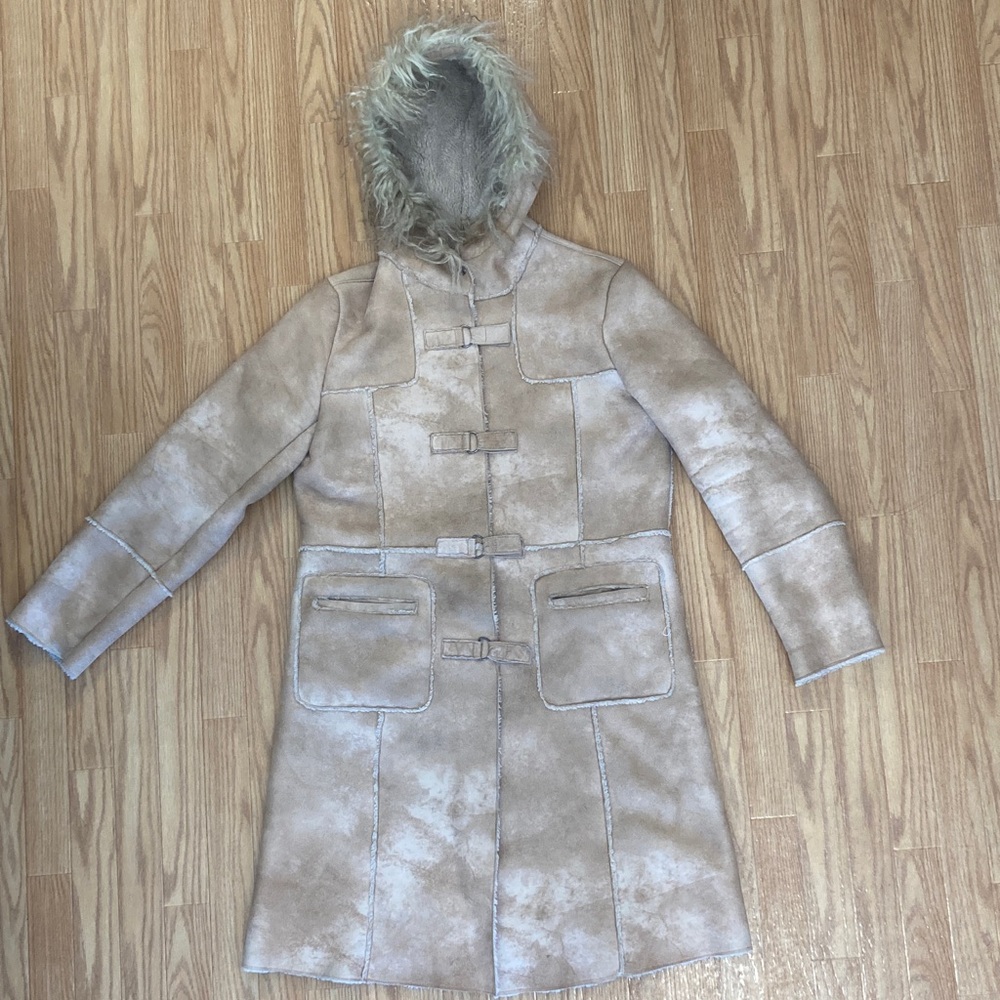 Chic Beige Teddy Jacket with Faux Fur Hood. Very warm and cozy to wear. Stylish